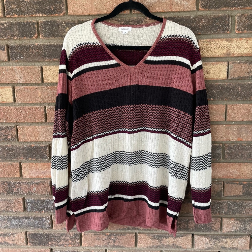 Westport V-Neck Sweater in Burgundy, Black, and Cream